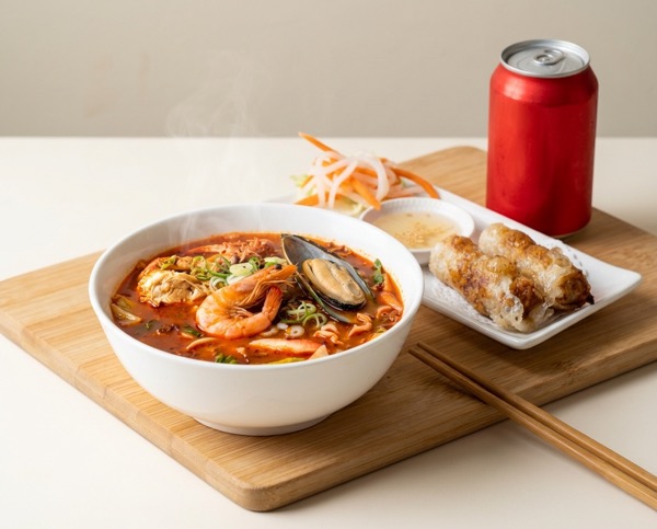 Set for One with pho, Chả Giò rolls and a can drink at Pho Heaven Westgate