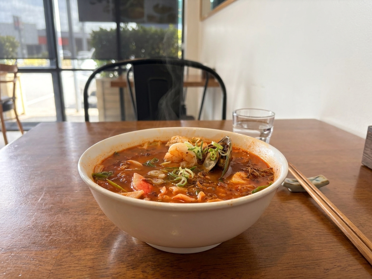 Jjambbong Pho at Pho Heaven, Westgate Auckland: Korean chilli seafood broth over Vietnamese pho noodles